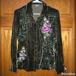 J. Jill Olive Velvet Embroidered Top Sz XS